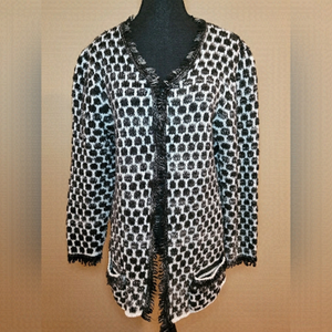 KEREN HART Cardigan, Black and White with Fringe Detail, Size Medium